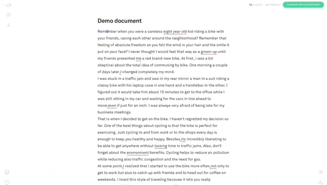 This is a gif image of grammarly's demo document that is an example of a learn by doing user onboarding tutorial. It shows a document with redlined words and the grammarly assistant offering synonym suggestions.