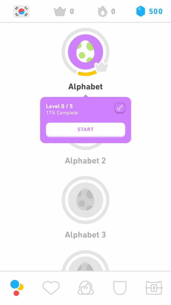 This is a gif of duolingo's mobile app with its new 2018 updated look. It shows a beginner's korean langugage lesson. It is an example of gradual engagement in mobile app and a great example of good ux for mobile.