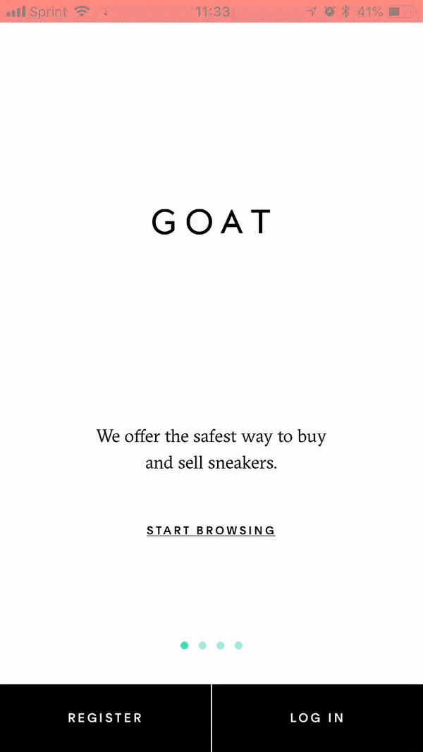 This is a gif of mobile app GOAT, a sneaker marketplace. It shows the app's first screen with a signon and informational panels that appear when the user swipes. There is an optional login and register button at the bottom of the screen. The user can browse without registering.