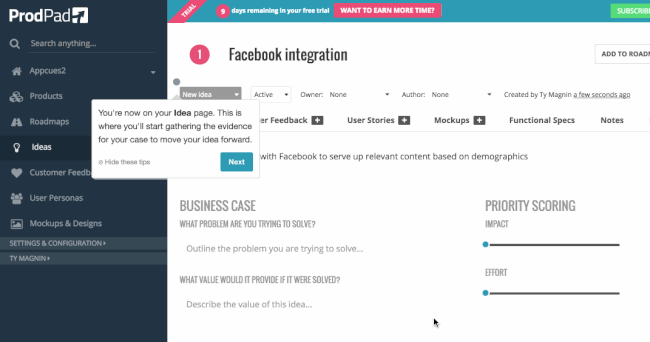 prodpad onboarding ideas page