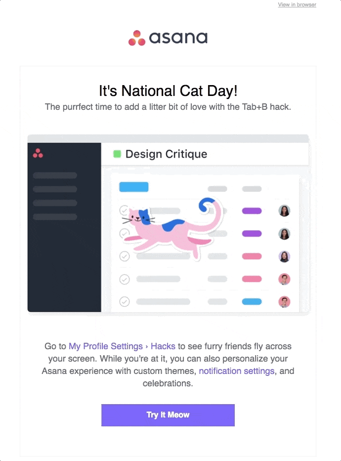 asana customer engagement email national cat day feature reminder