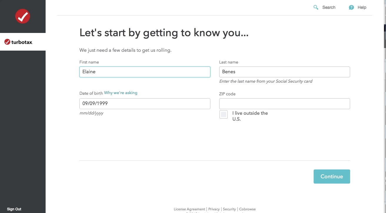 This is a gif of a personalized onboarding flow. This is an example of personalized onboarding UX from Turbotax. It says "Let's start by getting to know you" and as the user types in their zip code and completes the fields, a personalized message using a first name token appears welcoming the user to the product