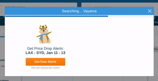 this is a gif image of hipmunk's loading screen modal window with an animated chipmunk, progress bar, and ux copy