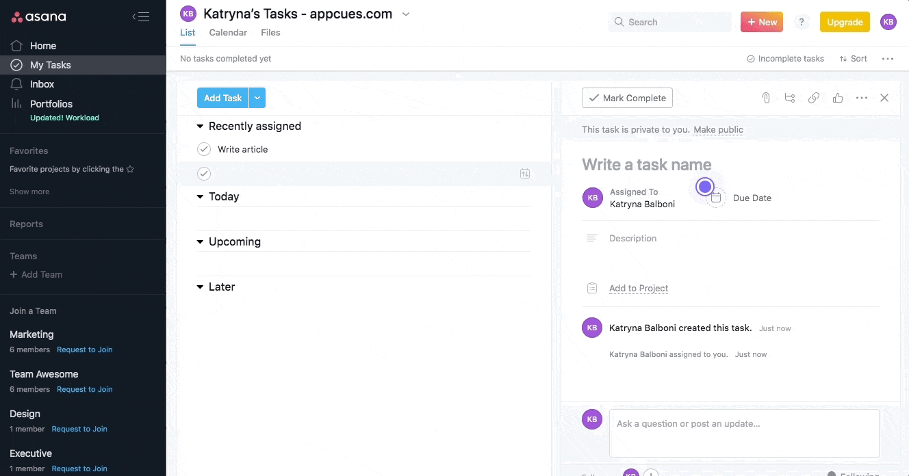 gif image of asana walktrough with animated hotspot and tooltip tour