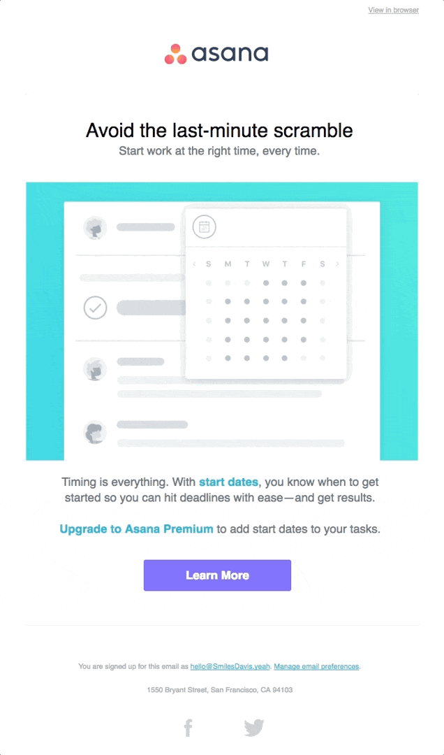 this is a gif image of an email from asana that is a good example of a new user onboarding engagement email