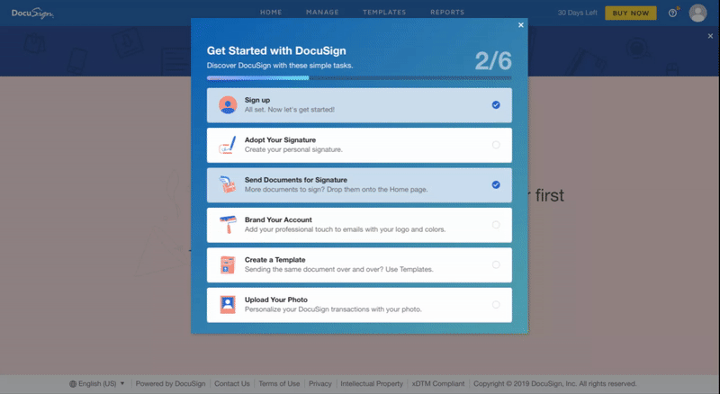 Docusign's user onboarding checklist helps a user know where they are at in a onboarding workflow