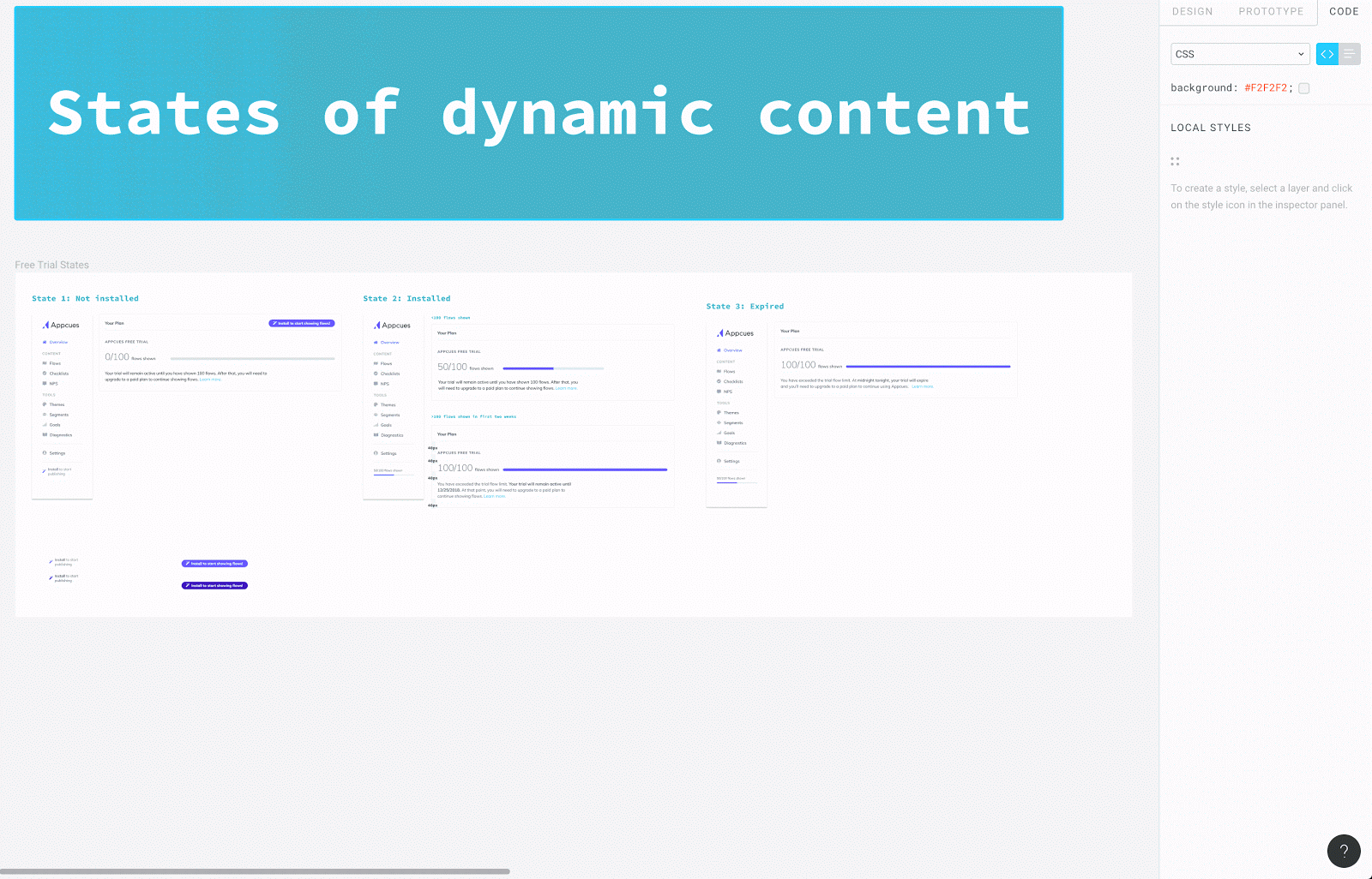 This is a gif image of figma's code inspection tool showing a designer inspecting code. There is a large titlel that reads "states of dynamic content" and a designer is clicking throgh ui elements