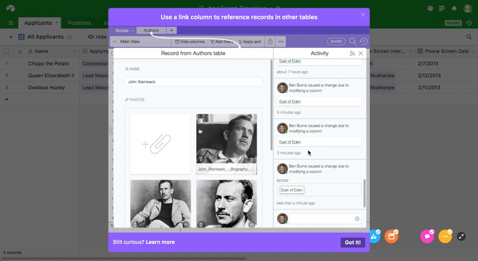 This is a gif of Airtable's onboarding sequence showing a tutorial of how to use the tool. It is an animated modal showing an example workflow of a spreadsheet that demonstrates features