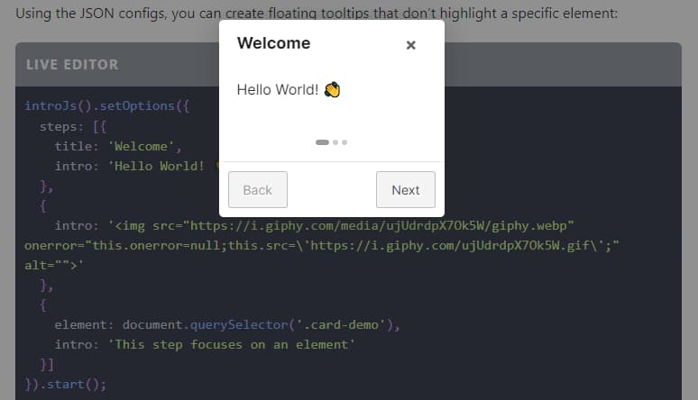 screen grab of intro.js product experience tools
