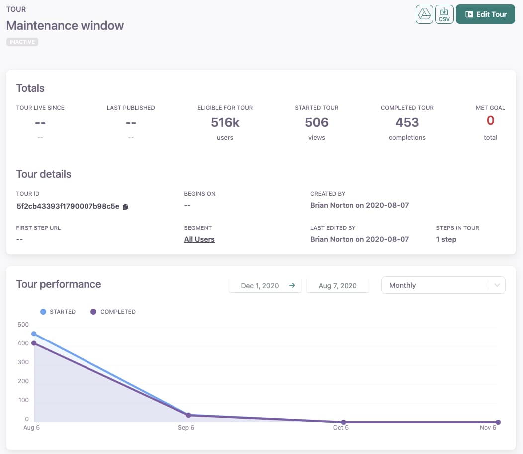 screengrab of chameleon product tour analytics tool