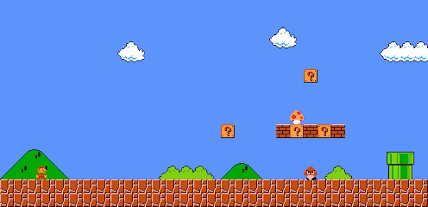 This is a screenshot of the beginning of super mario bros world 1-1 showing mario, a goomba, and a mushroom. This is an example of video game user onboarding from classic nintendo nes games.