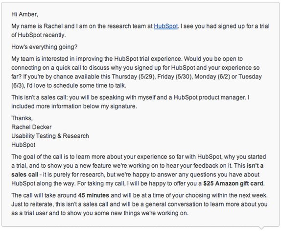This is an example of a user testing invite email from hubspot. This email is a plain text invite to participate in user testing research.