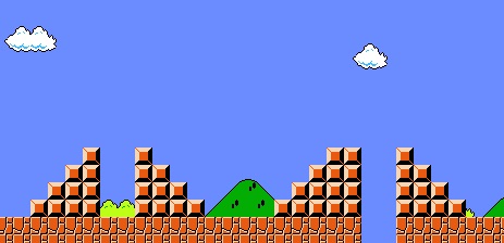 This is a screenshot of the beginning of super mario bros world 1-1 showing a gap that teaches B dash. This is an example of instructional scaffolding in video game user onboarding from classic nintendo nes games.