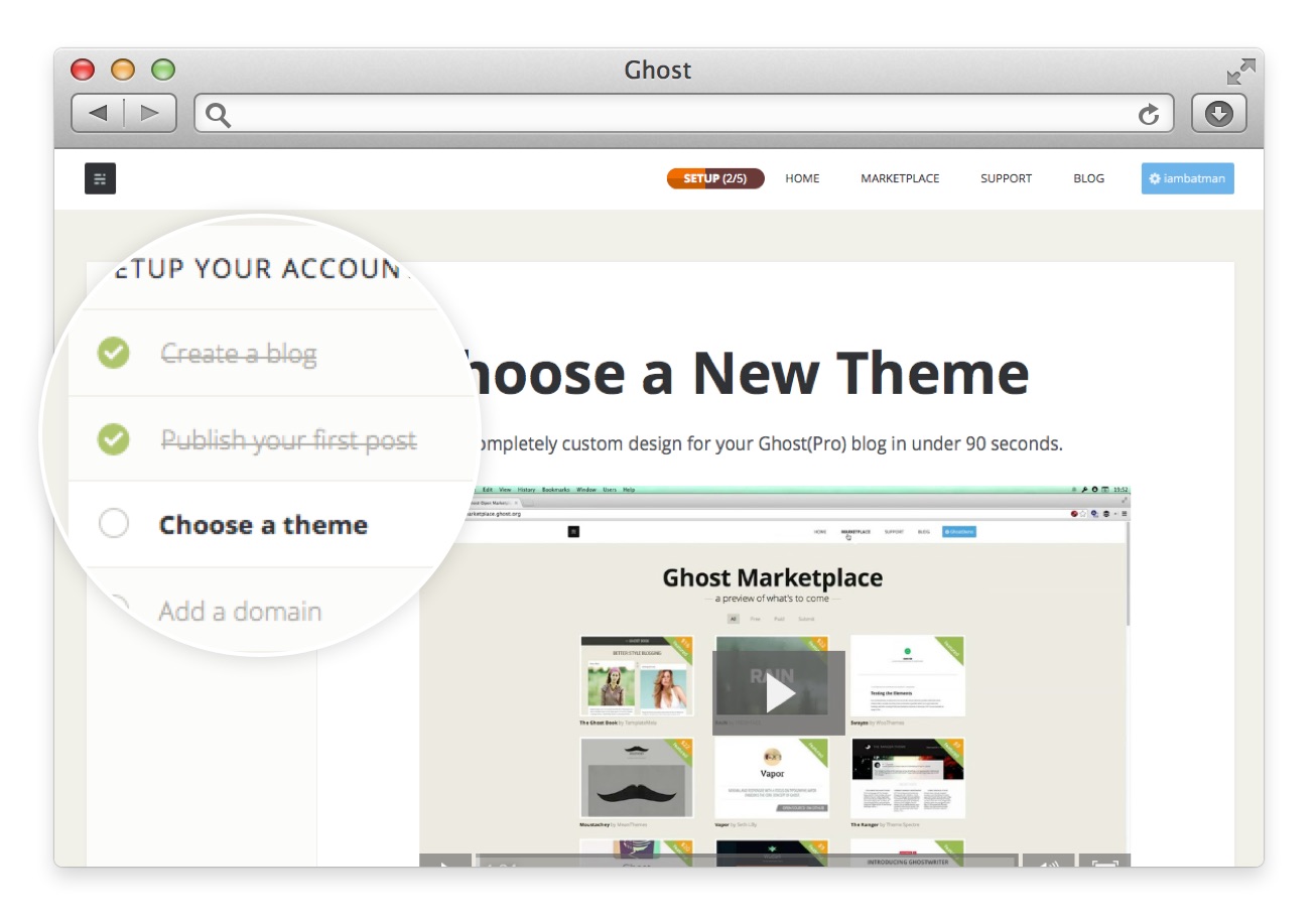 This is a screenshot of ghost blogging platform's old interface showing user onboarding checklists and progress bar