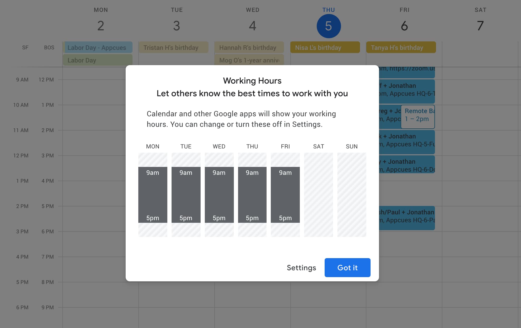 modal windows Google Calendar
