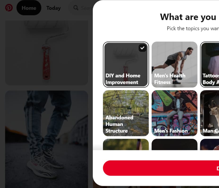 Welcome page from Pinterest