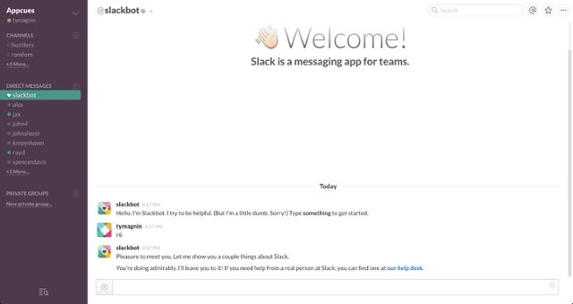 Welcome page from Slack