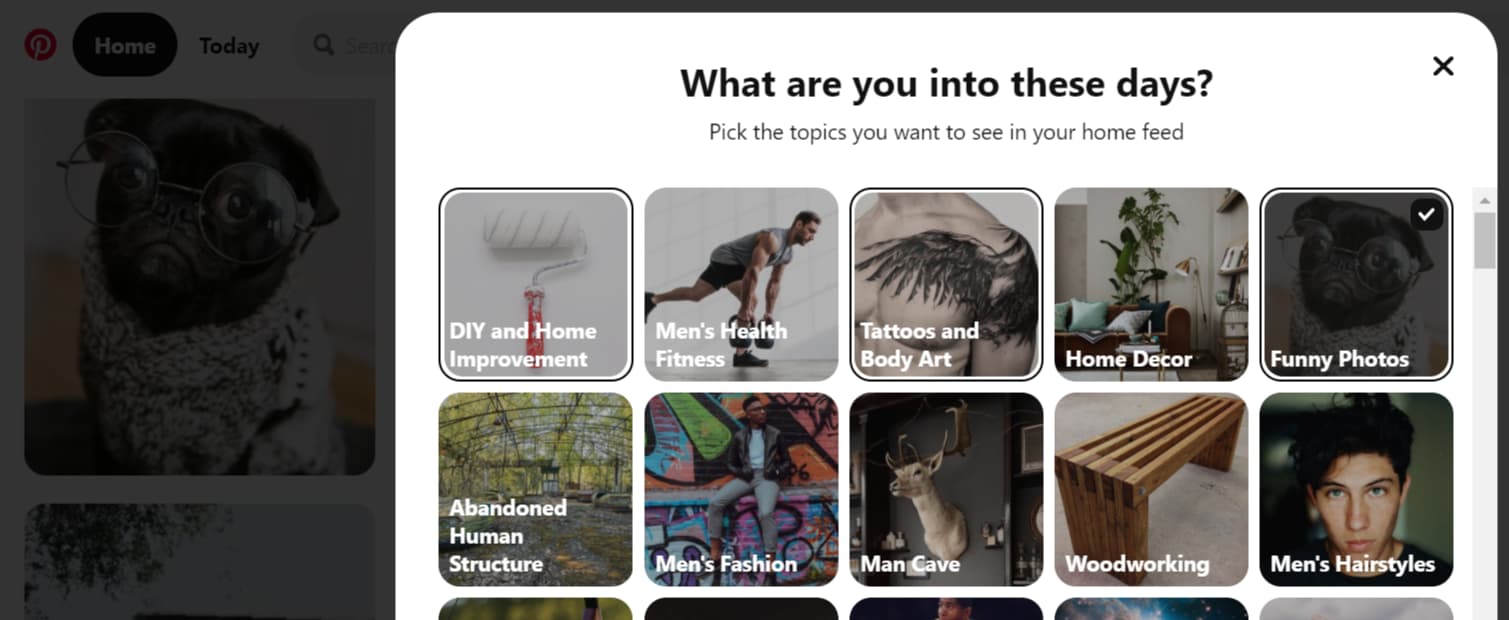 Welcome page from Pinterest