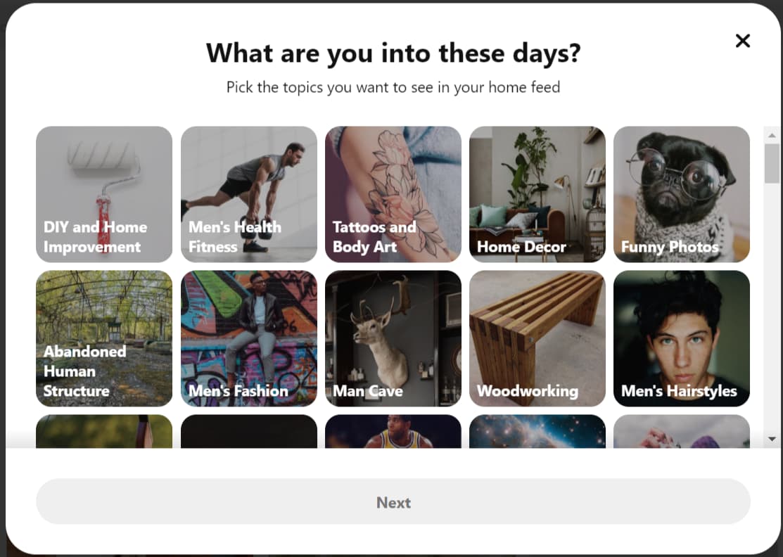 Welcome page from Pinterest