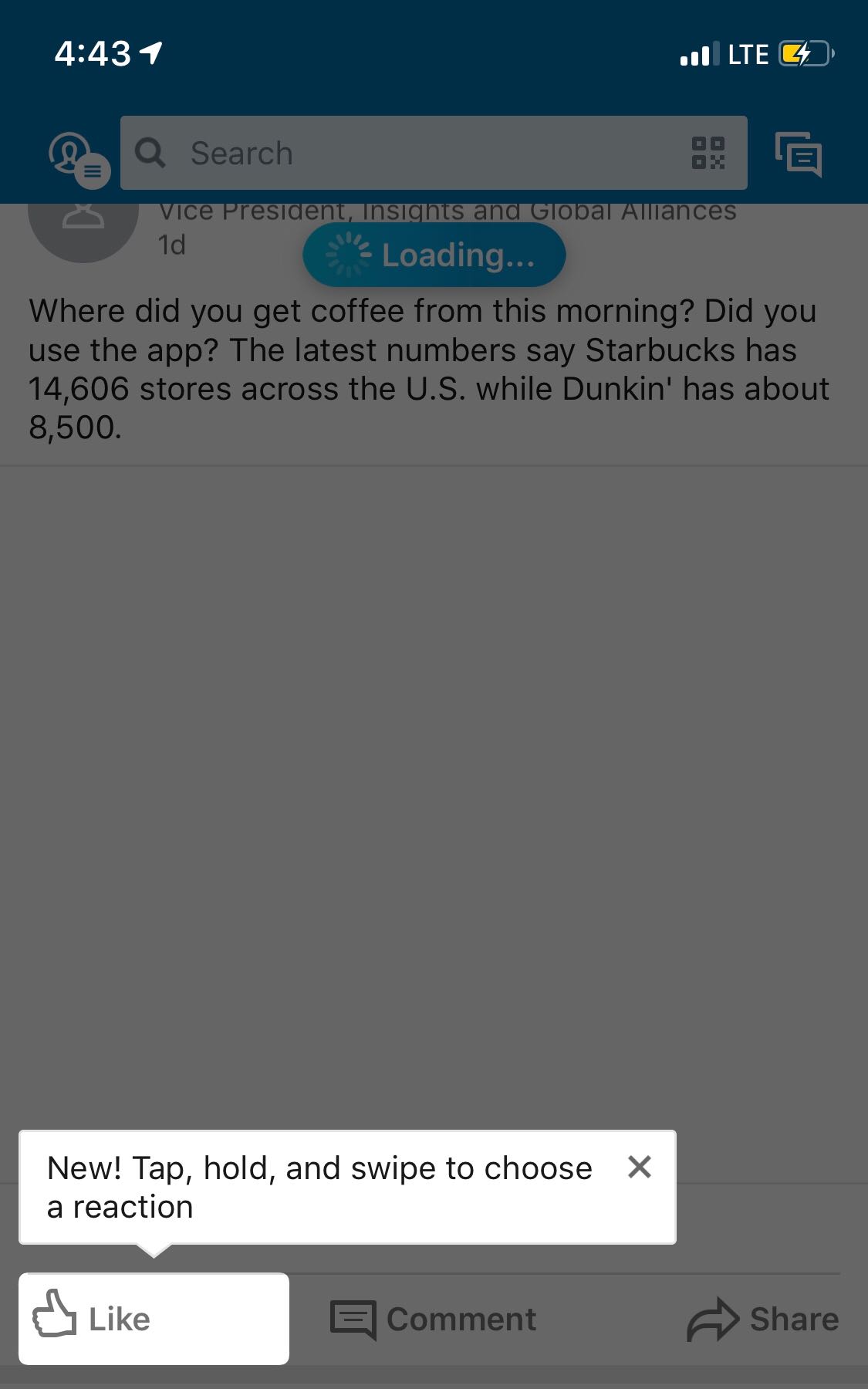 this is a mobile screenshot of linkedIn's new reaction feature being highlighted by a spotlight and tooltip on a mobile device