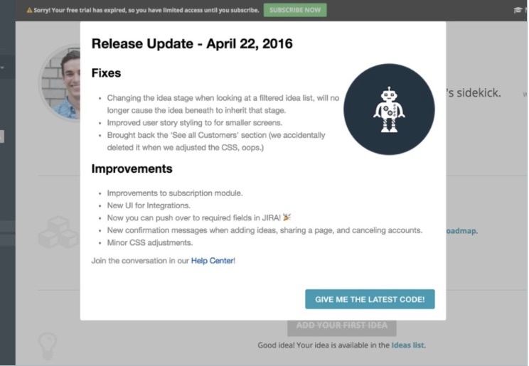 ProdPad Appcues modal window feature release