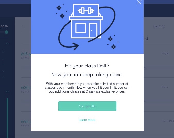 ClassPass upgrade modal