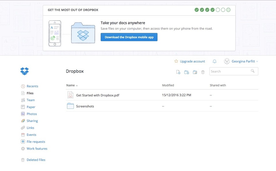 Dropbox user onboarding CTA