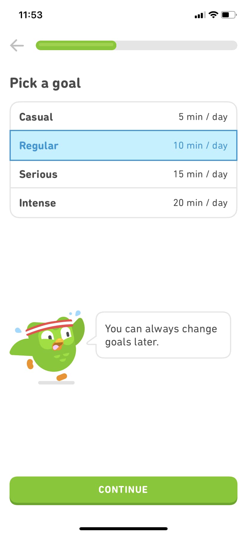 Duolingo's user onboarding flow asks you questions to learn about your needs