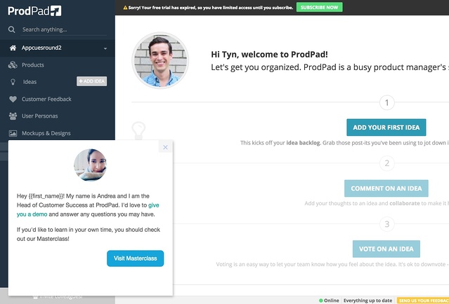 prodpad slideout user onboarding