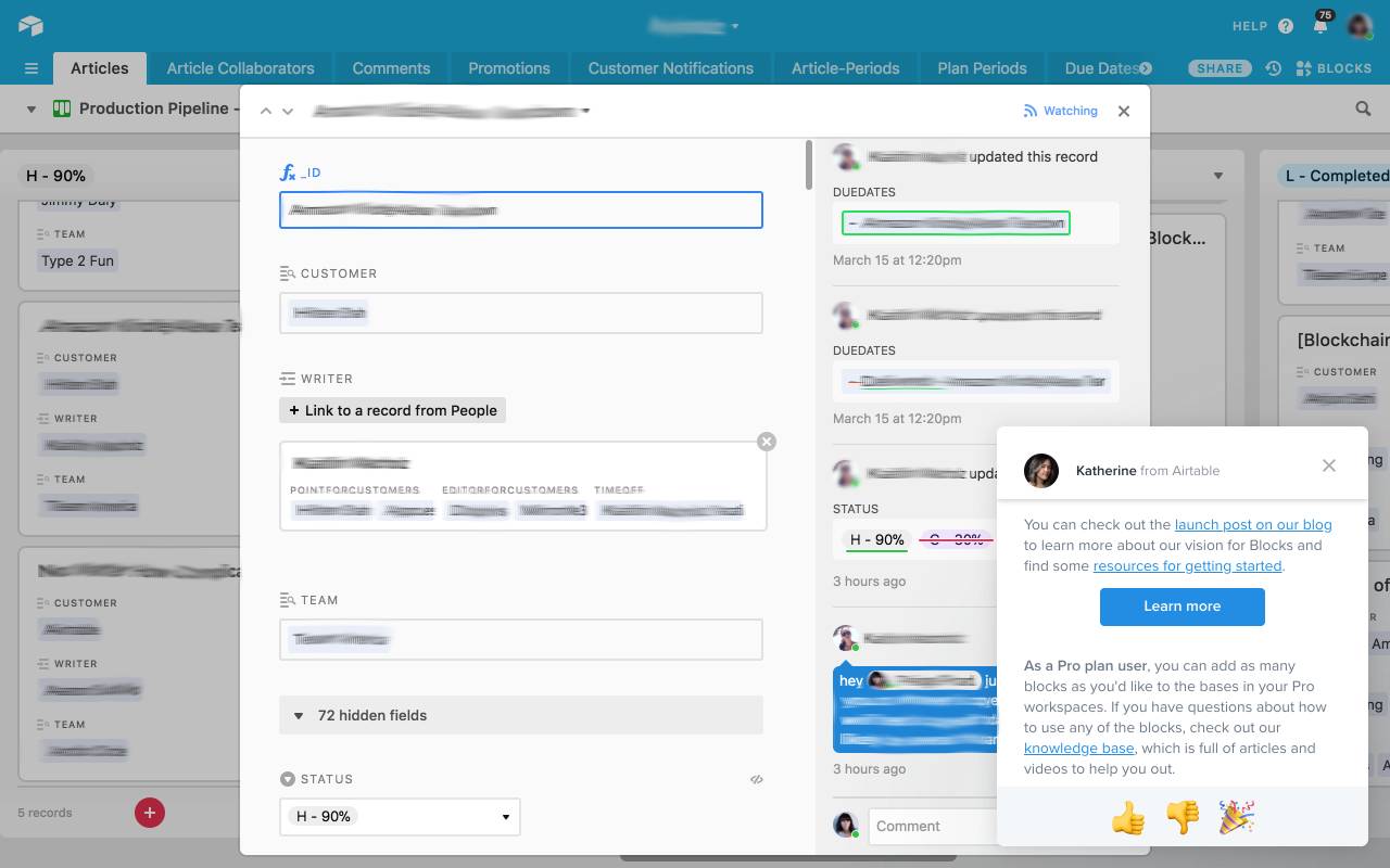 airtable product notes example using an in-app modal