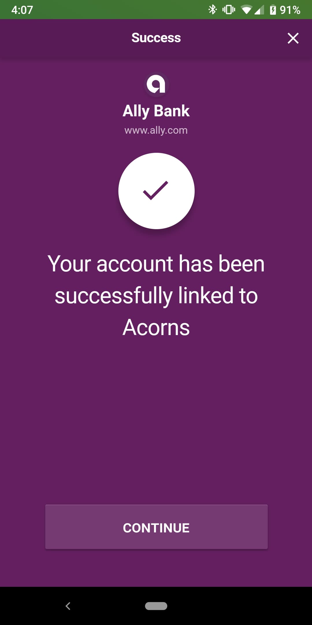 acorns mobile app linking bank account success message