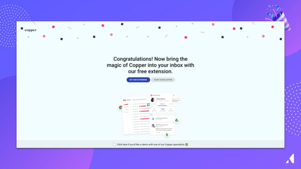 Copper CRM success state onboarding screen that celebrates their users