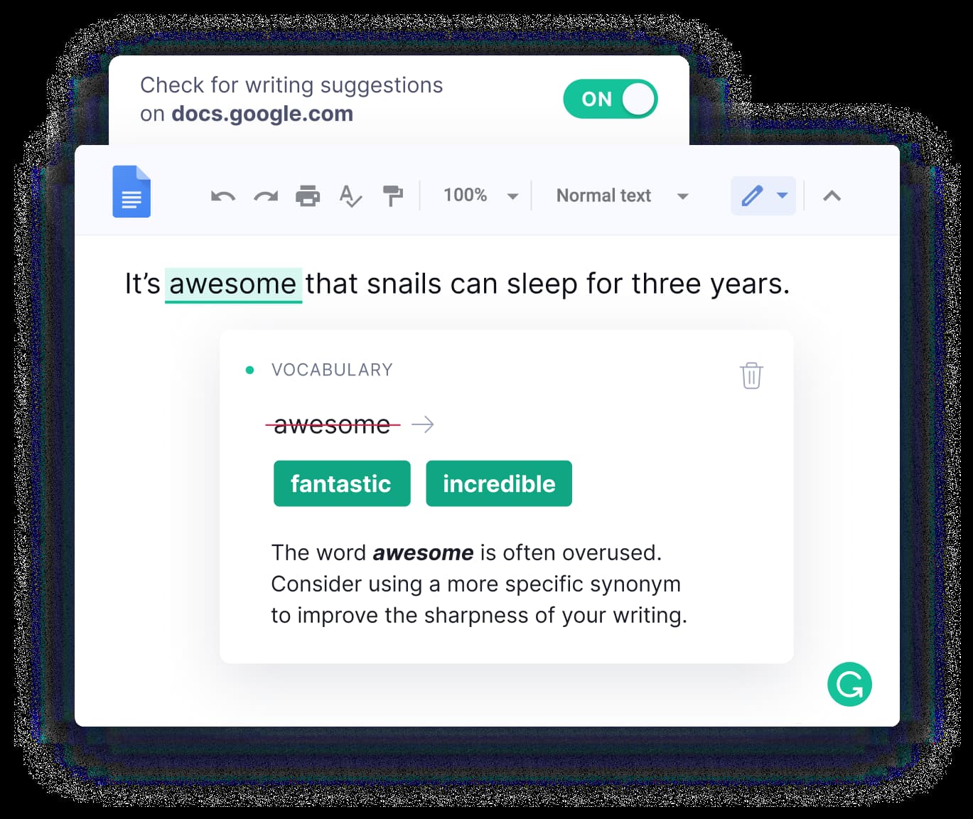 screen grab of grammarly in action