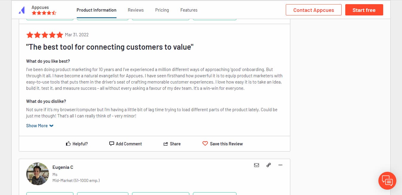 screen grab of an appcues review from G2.com