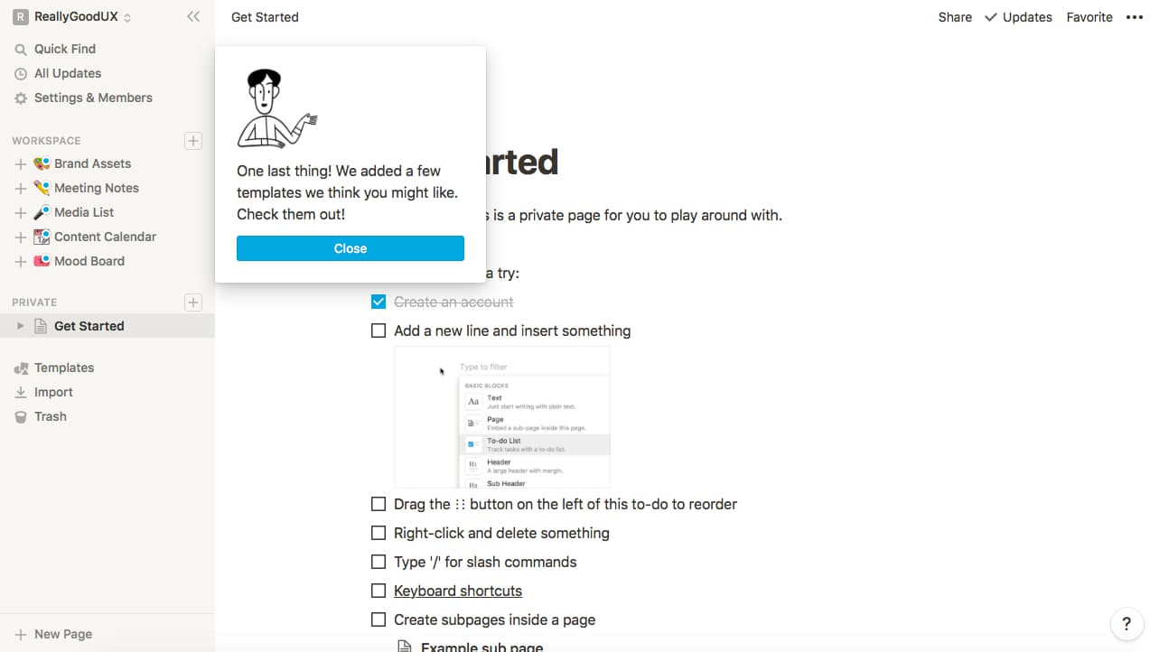 SaaS onboarding example from Notion