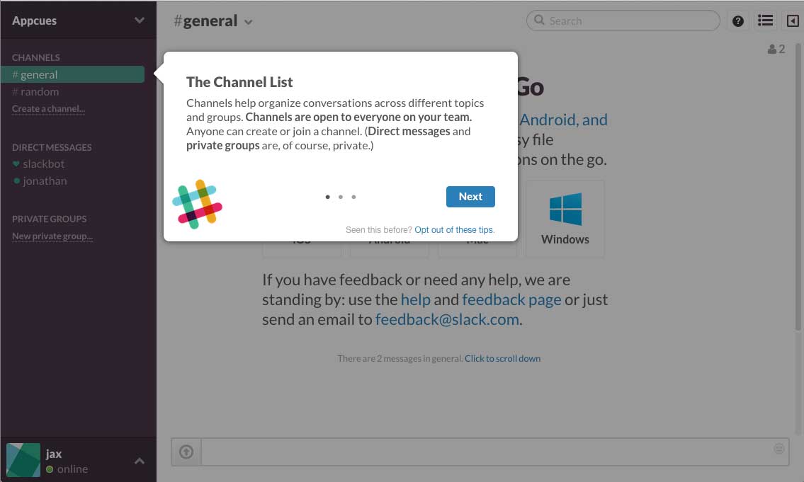 Slack user onboarding flow step 2 tooltip