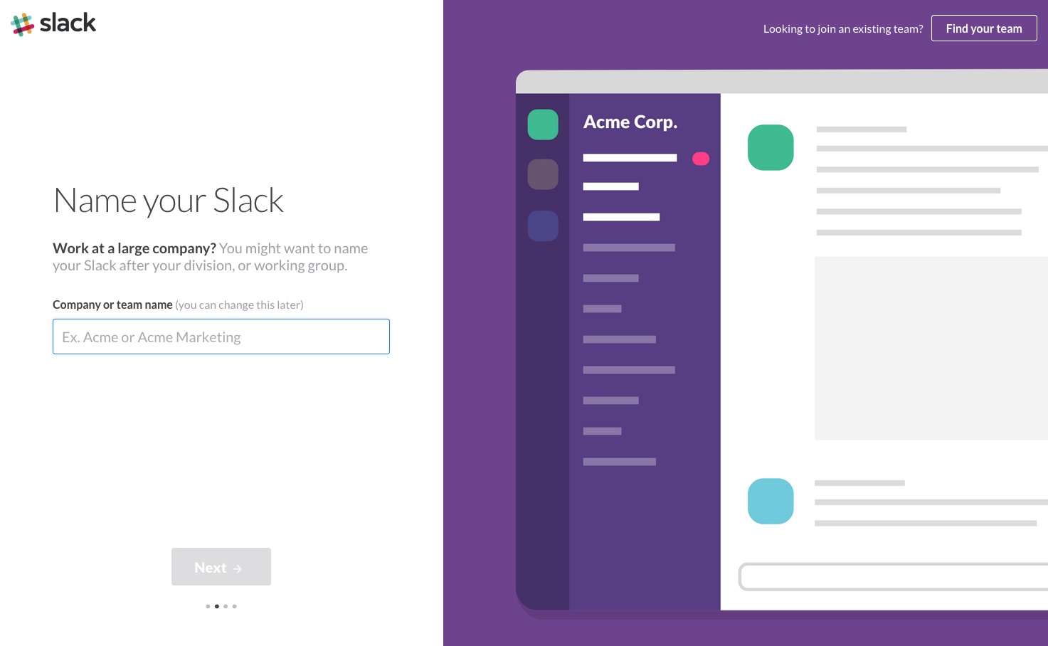 Slack 2016 user onboarding team name step