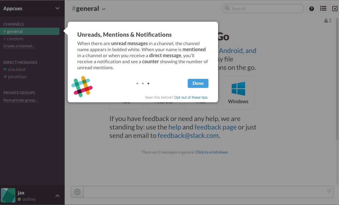 Slack user onboarding flow step 4 tooltip walkthrough
