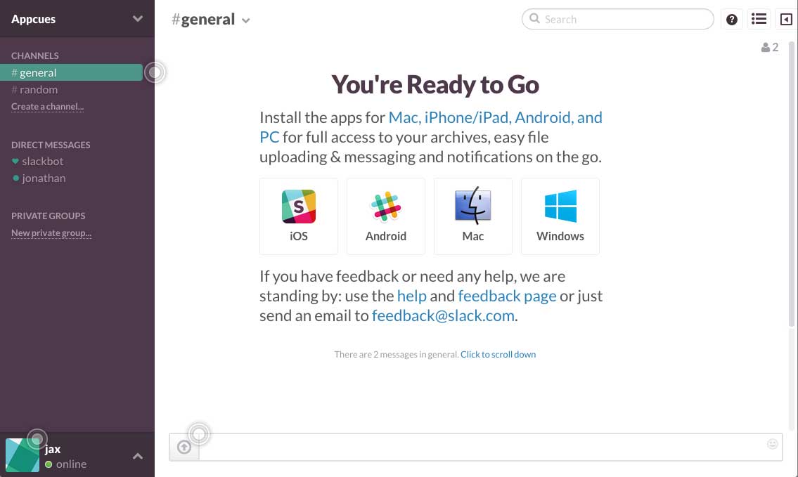 Slack user onboarding flow step 1 with hotspots