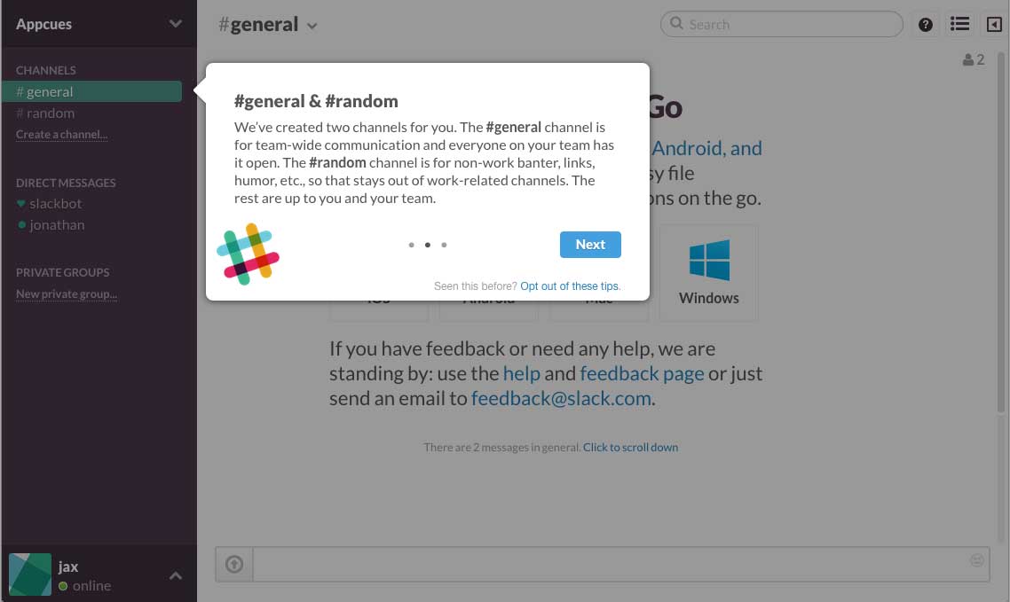 Slack user onboarding flow step 3 tooltip walkthrough