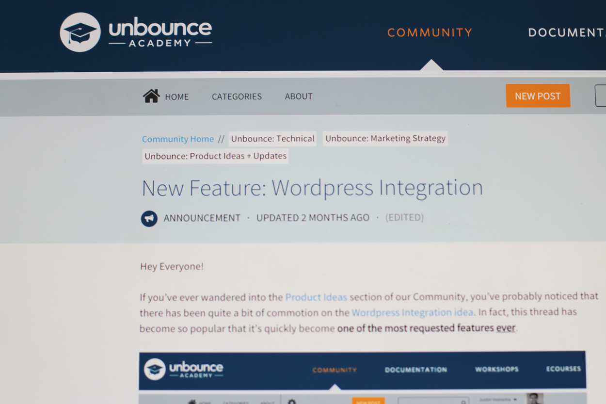 Unbounce user community where they publish tactical content on new features