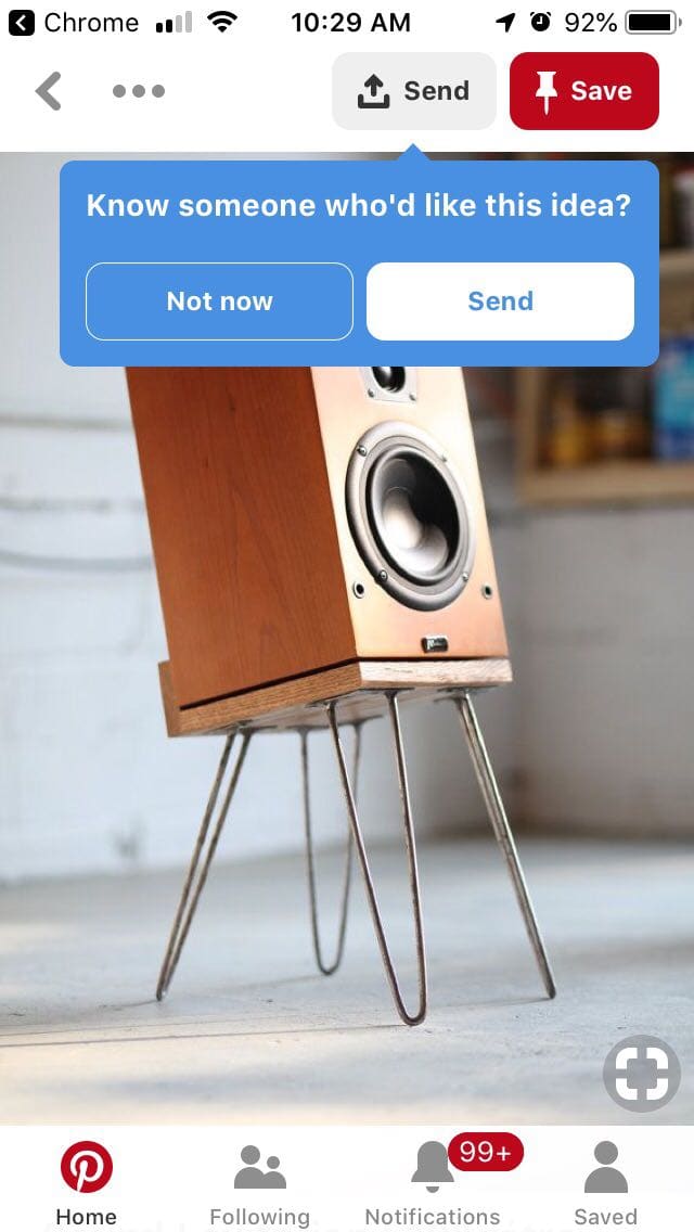 pinterest mobile app social sharing function button tooltip