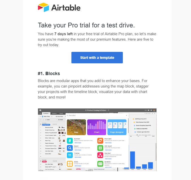 airtable newsletter with pro trial upgrade prompt that highlights premium features