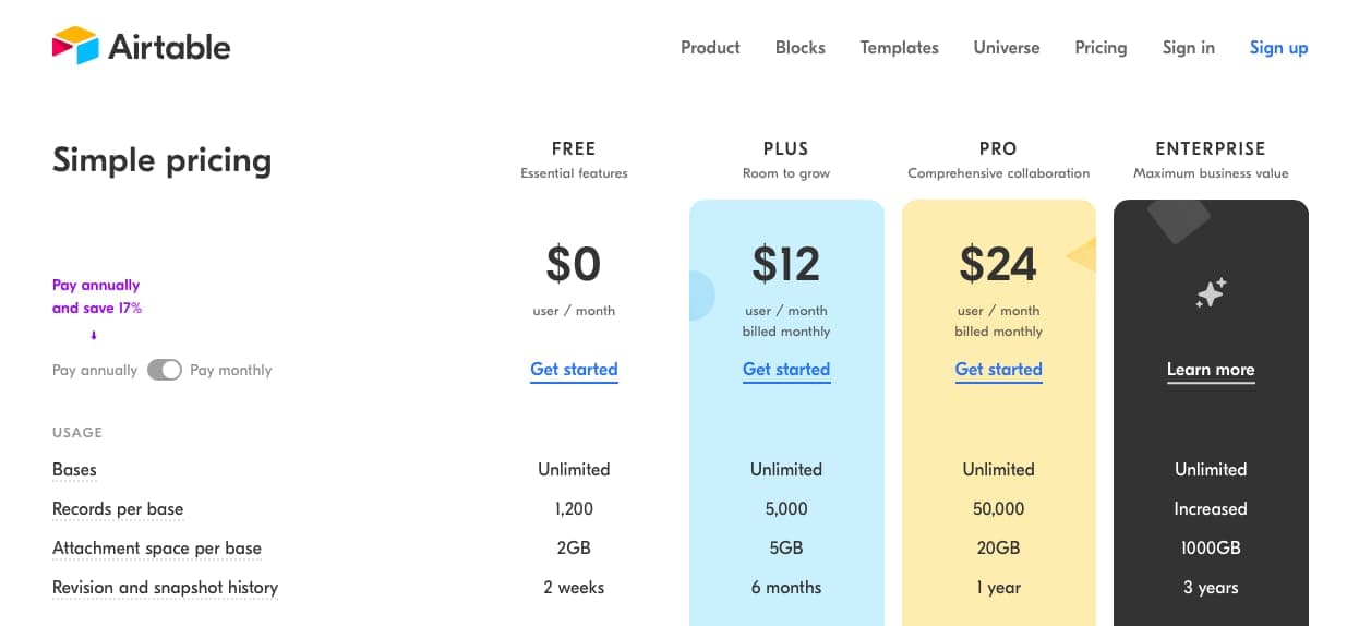 screen grab of airtable pricing