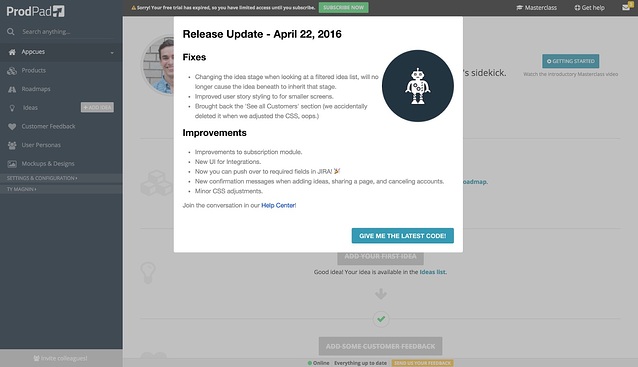 prodpad feature release notes aha moment