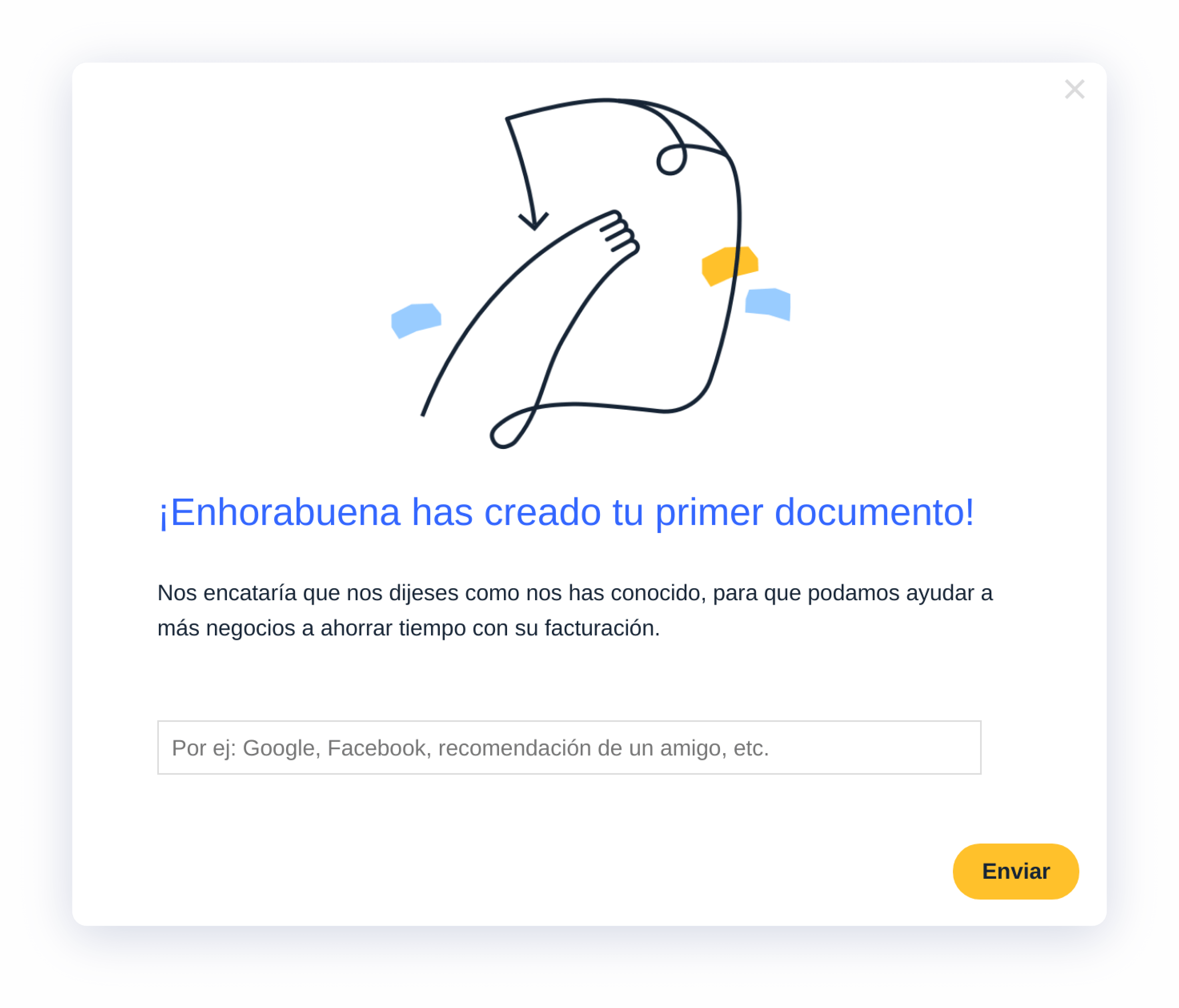 Modal window with a simple survey made with Appcues. UX en español. Caption: Online billing and invoicing platform Billin waits until a new user creates their first document to ask how they heard about the platform.