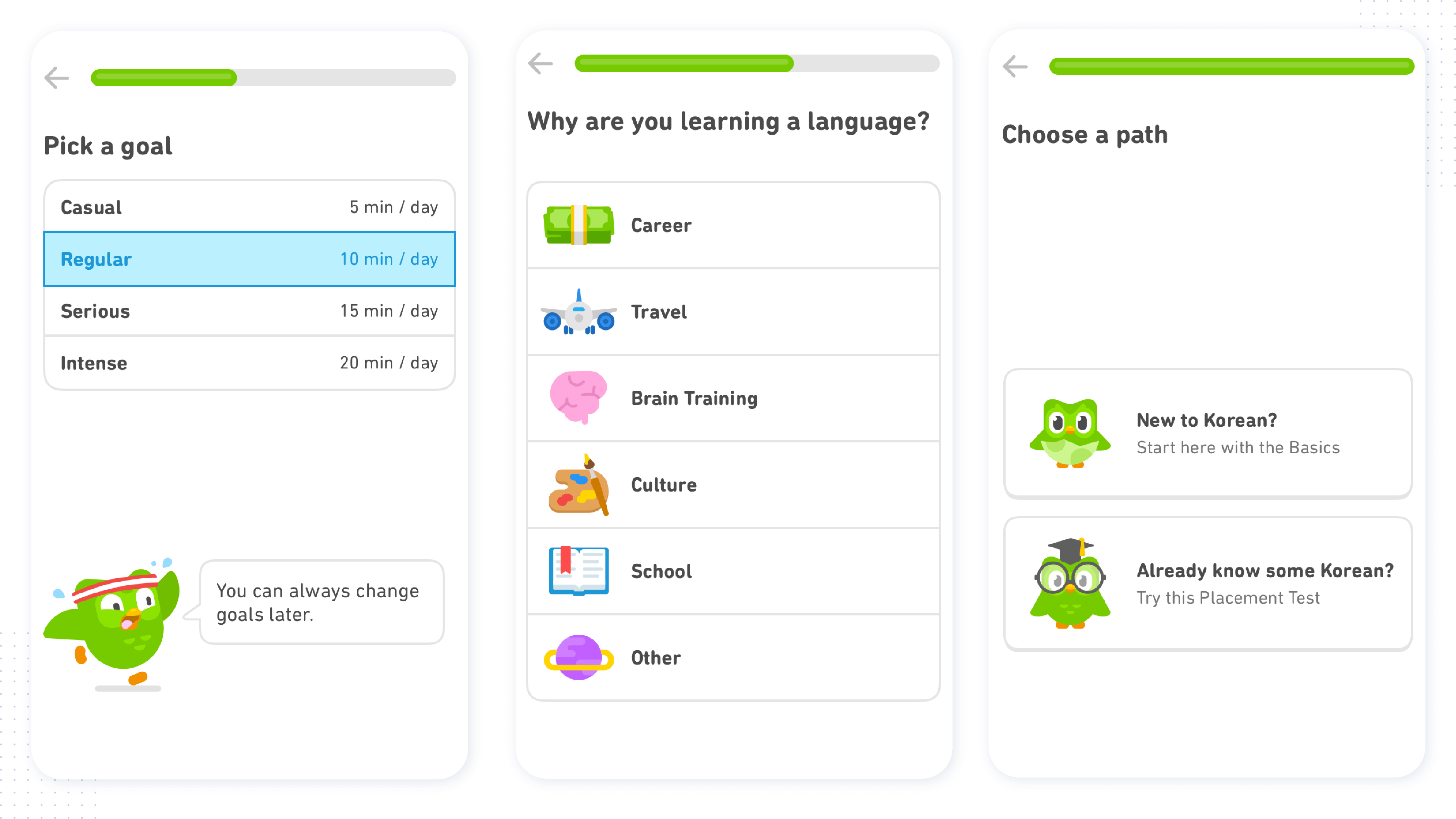 Images of the Duolingo onboarding process