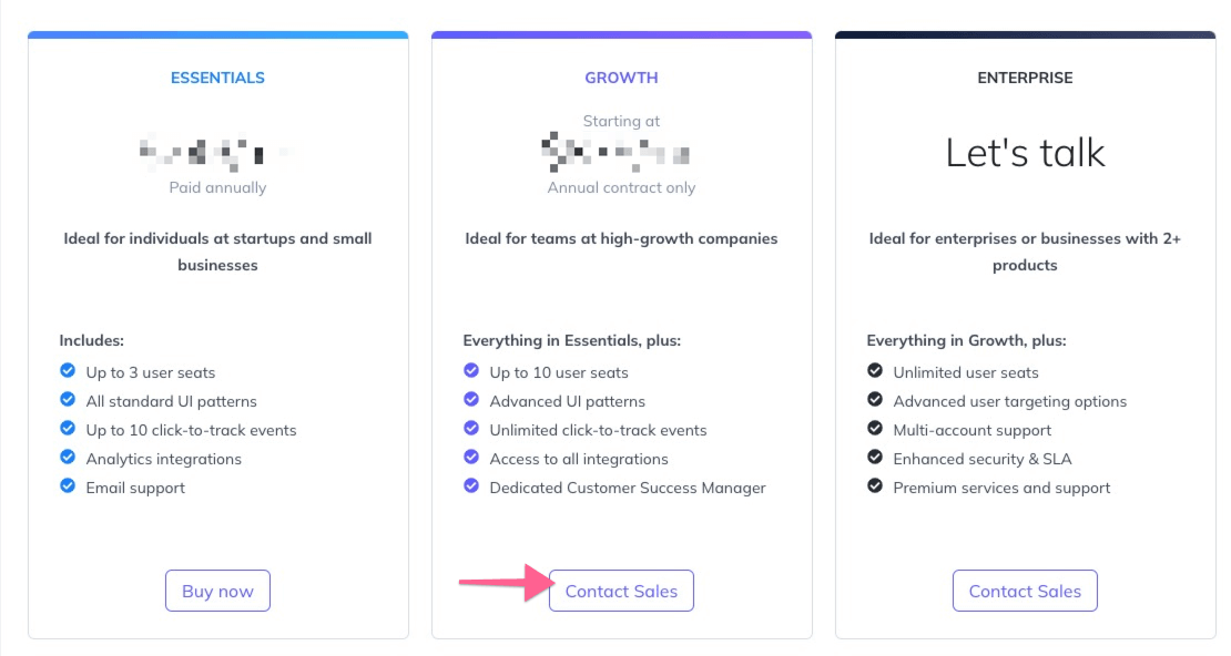 screenshot of checkout page with arrow pointing to contact sales button