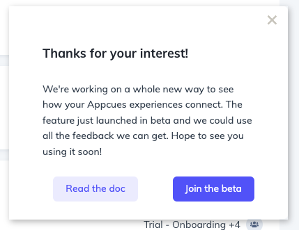 Screenshot of Appcues slideout asking users to join beta