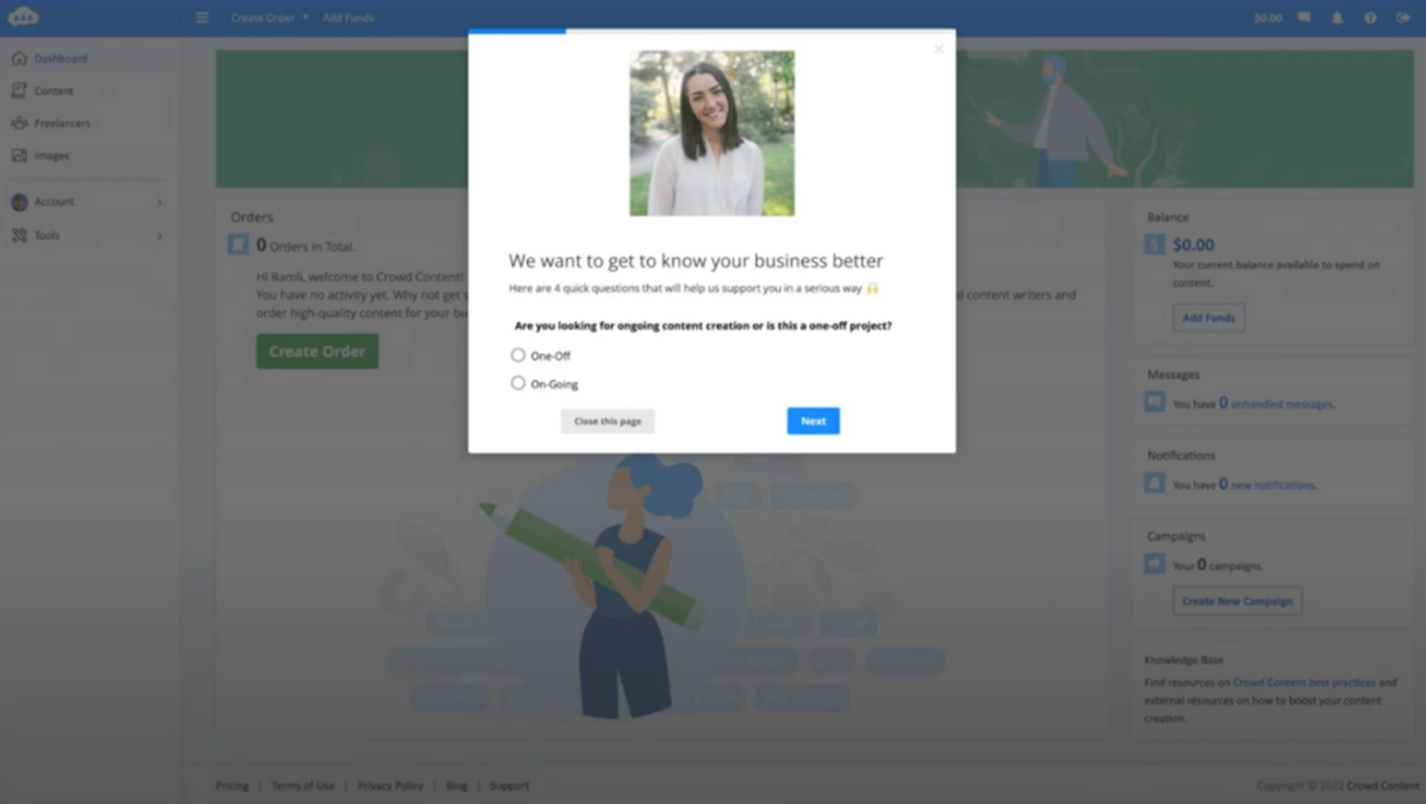 Crowd Content user onboarding survey using Appcues Hubspot integration